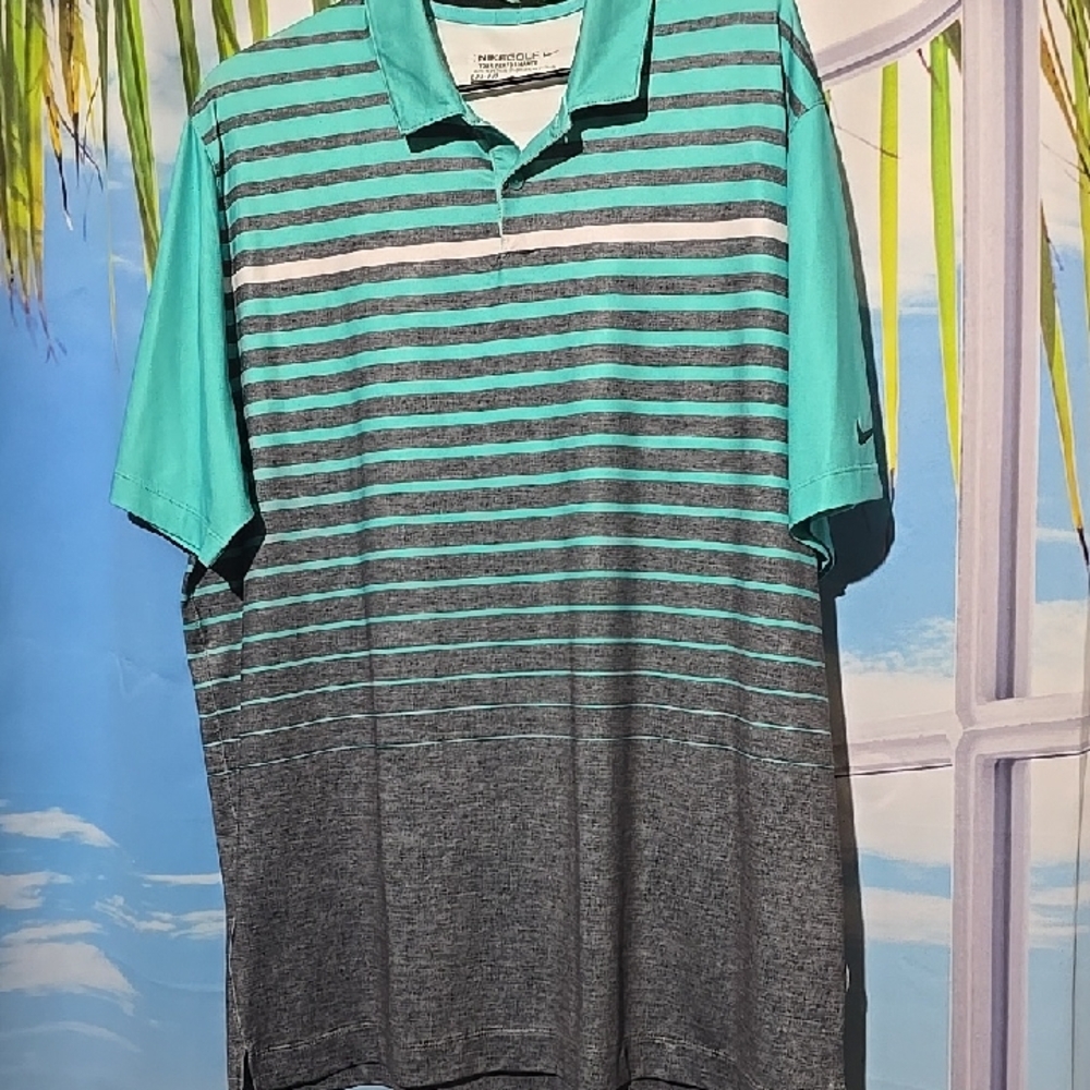 Nike Men's Polo Shirt - Aqua and Charcoal Stripes